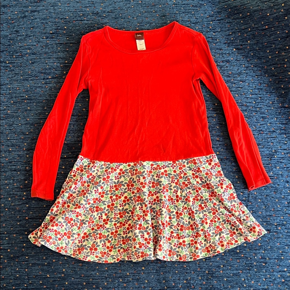Tea collection size 6 Red Long Sleeve Dress with Floral Skirt